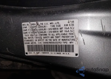 2005 Honda Cr-V Lx из США, поврежденный, VIN SHSRD78555U333753